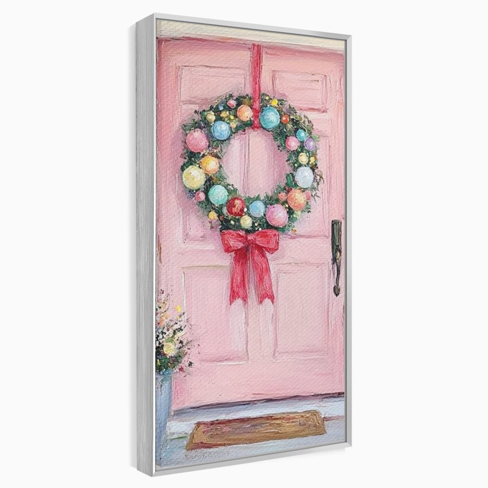 Tablou canvas cu pictura cu usa roz si coronita de craciun, in rama de aluminiu argintiu