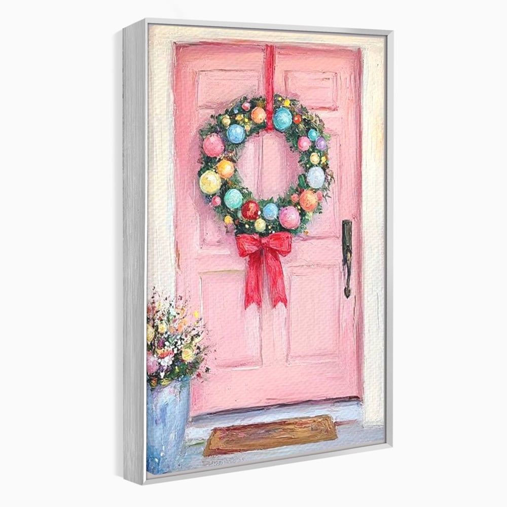 Tablou canvas cu pictura cu usa roz si coronita de craciun, in rama de aluminiu argintiu