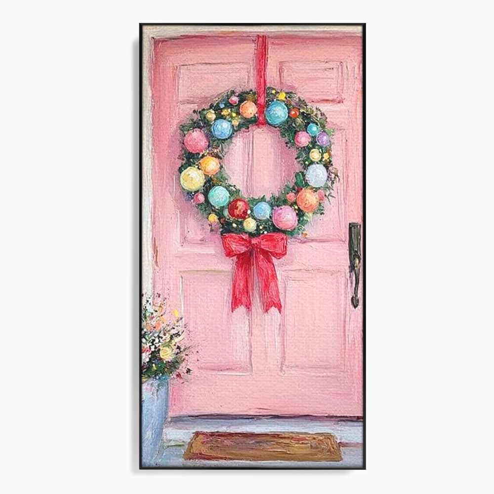 Tablou canvas cu pictura cu usa roz si coronita de craciun, in rama de aluminiu negru