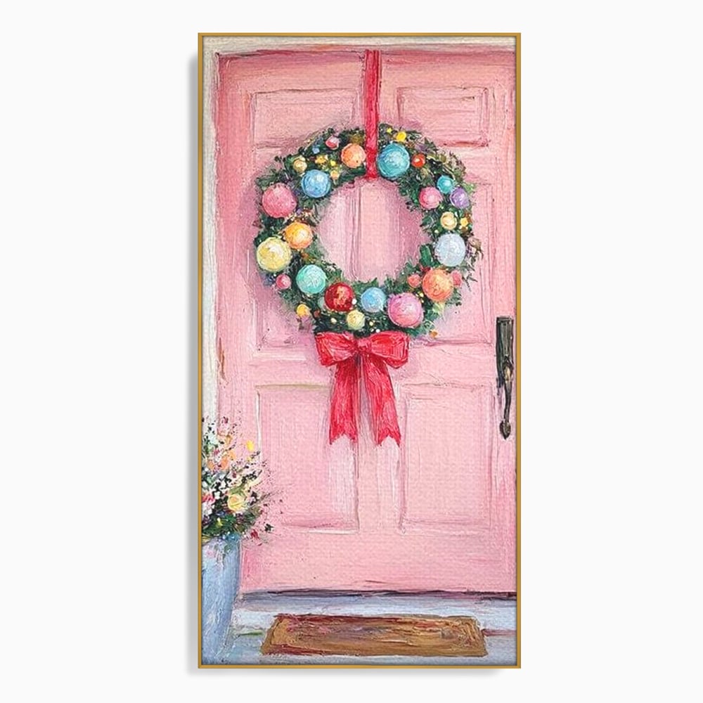 Tablou canvas cu pictura cu usa roz si coronita de craciun, in rama de aluminiu auriu