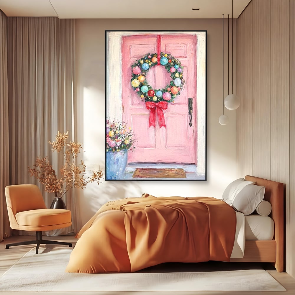 Tablou canvas cu pictura cu usa roz si coronita de craciun, in rama de aluminiu negru, pe perete intr-un dormitor