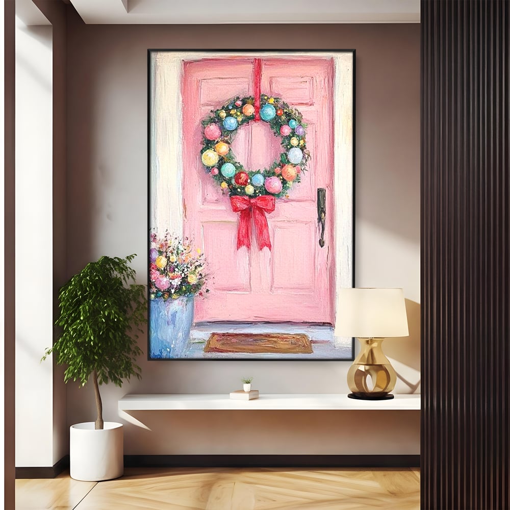 Tablou canvas cu pictura cu usa roz si coronita de craciun, in rama de aluminiu negru