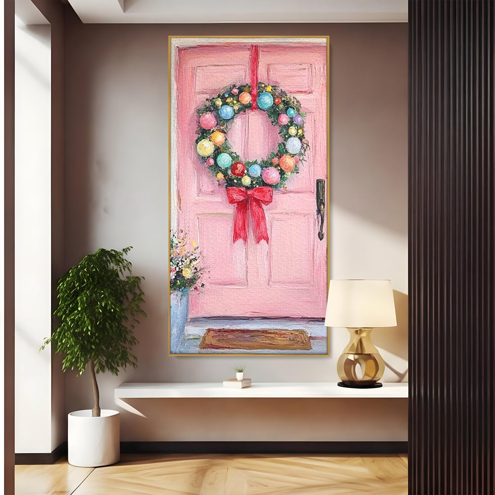 Tablou canvas cu pictura cu usa roz si coronita de craciun, in rama de aluminiu auriu