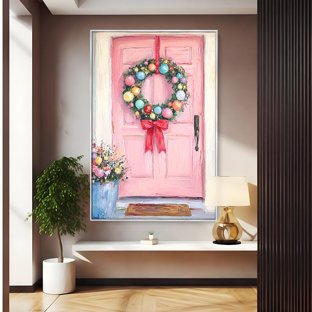 Tablou canvas cu pictura cu usa roz si coronita de craciun, in rama de aluminiu argintiu