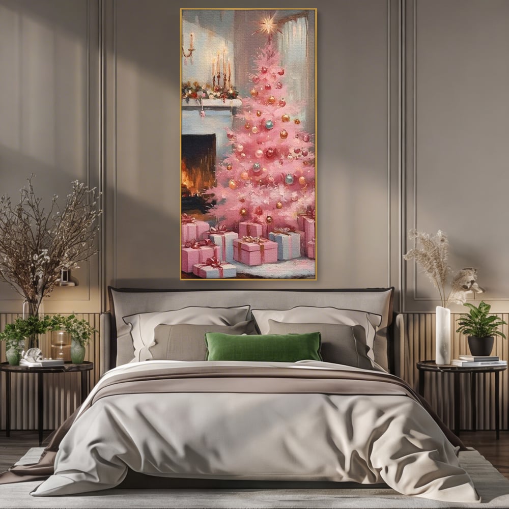 Tablou canvas cu pictura cu brad roz si semineu, in rama de aluminiu auriu, pe perete intr-un dormitor