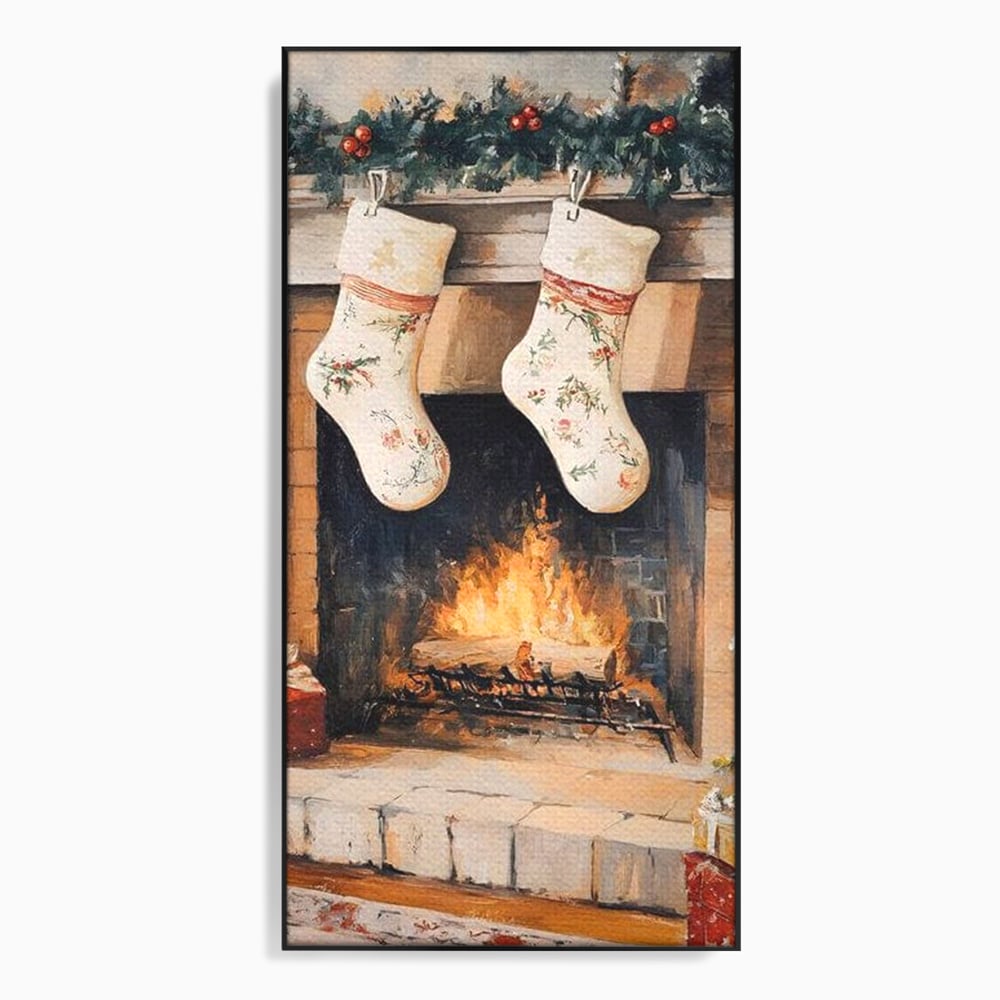 Tablou canvas cu tablou canvas cu ciorapi pe semineu, in rama de aluminiu negru
