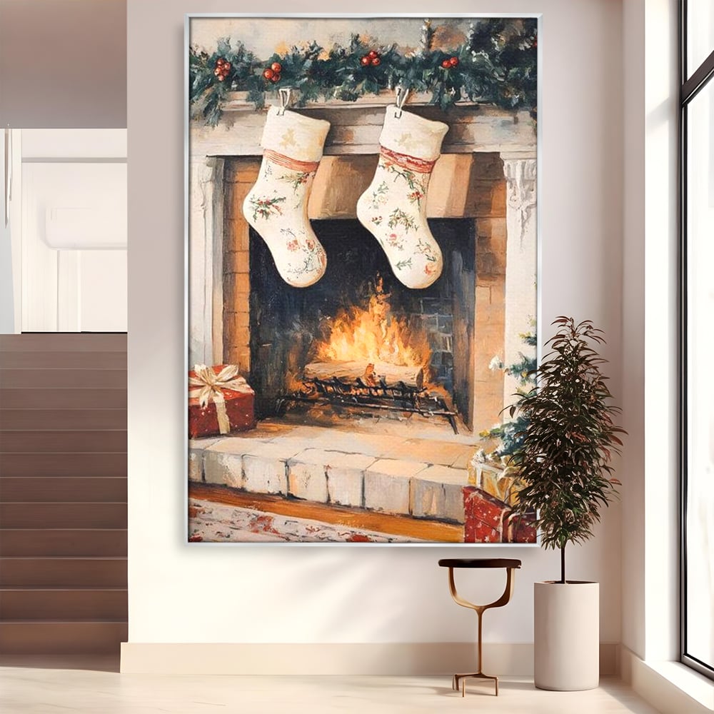 Tablou canvas cu tablou canvas cu ciorapi pe semineu, in rama de aluminiu argintiu