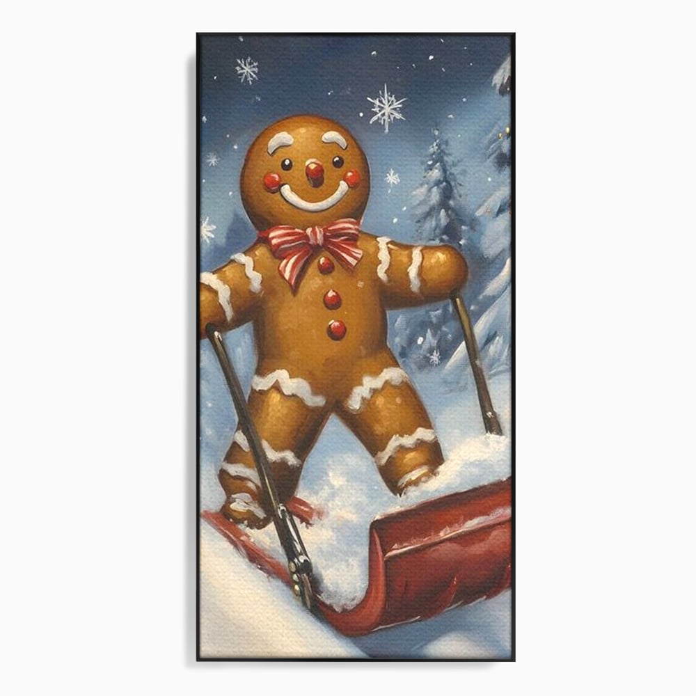 Tablou canvas cu ilustratie omulet turtita pe sanie, in rama de aluminiu negru