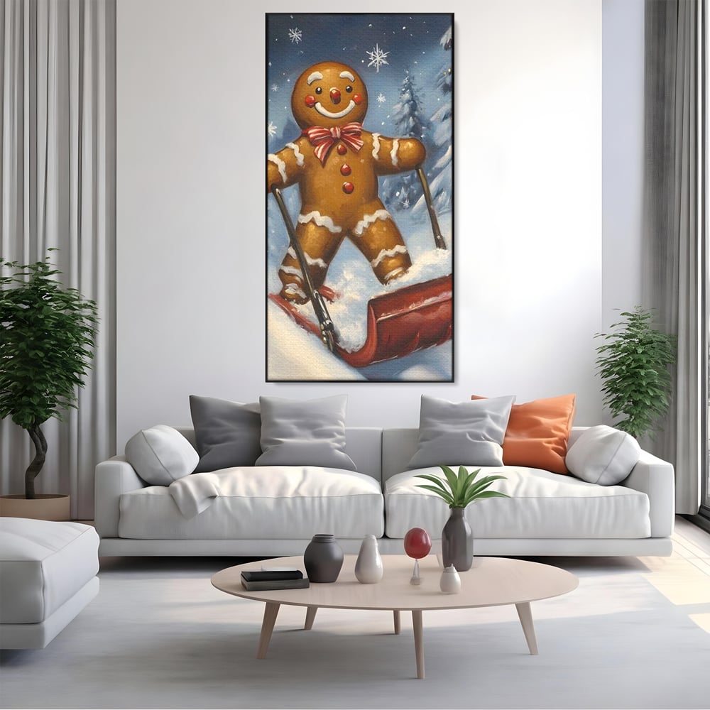Tablou canvas cu ilustratie omulet turtita pe sanie, in rama de aluminiu negru, pe perete intr-un living