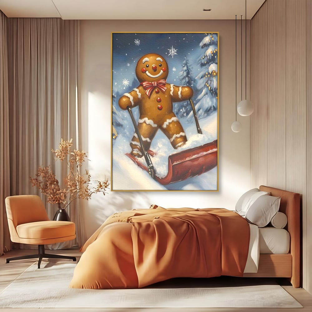 Tablou canvas cu ilustratie omulet turtita pe sanie, in rama de aluminiu auriu, pe perete intr-un dormitor