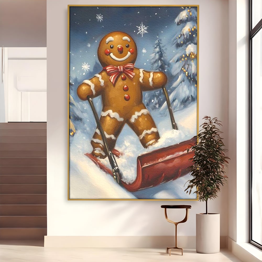 Tablou canvas cu ilustratie omulet turtita pe sanie, in rama de aluminiu auriu