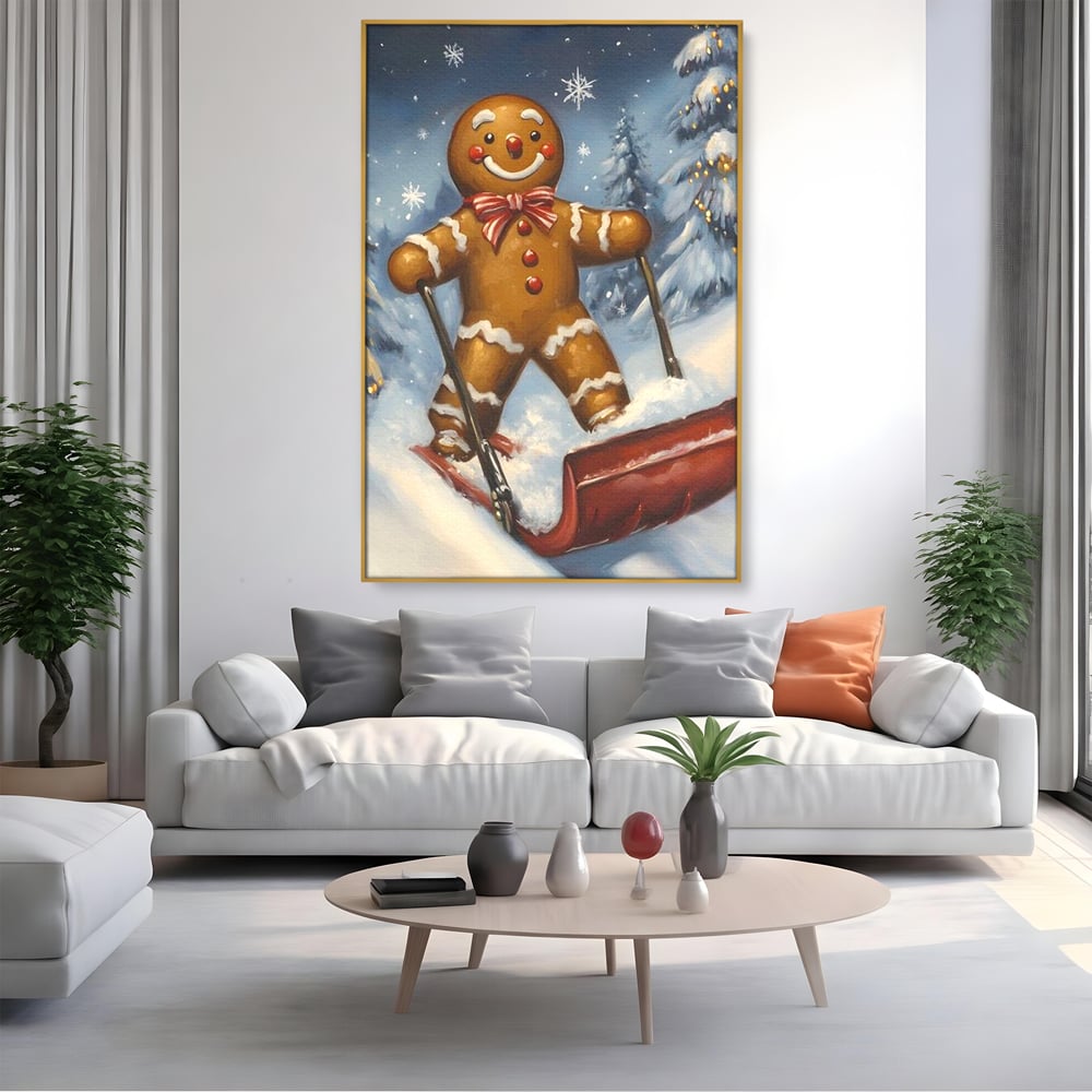 Tablou canvas cu ilustratie omulet turtita pe sanie, in rama de aluminiu auriu, pe perete intr-un living