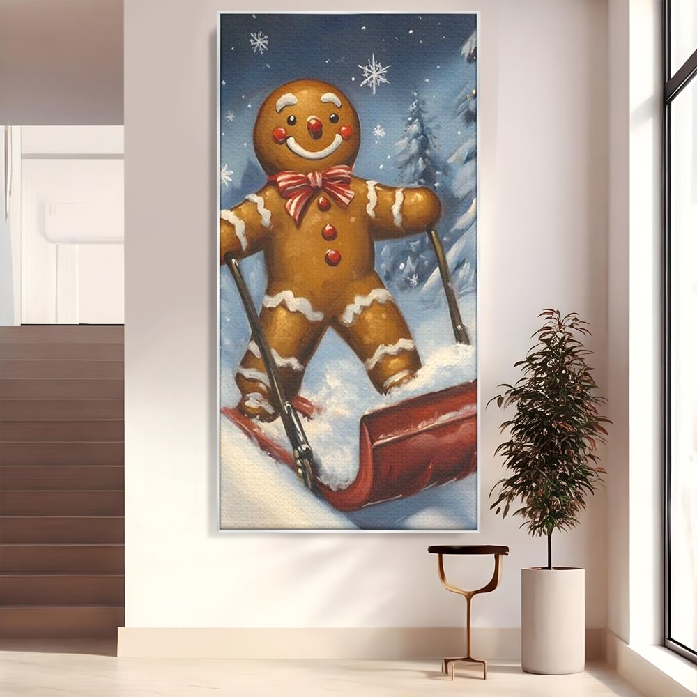 Tablou canvas cu ilustratie omulet turtita pe sanie, in rama de aluminiu argintiu