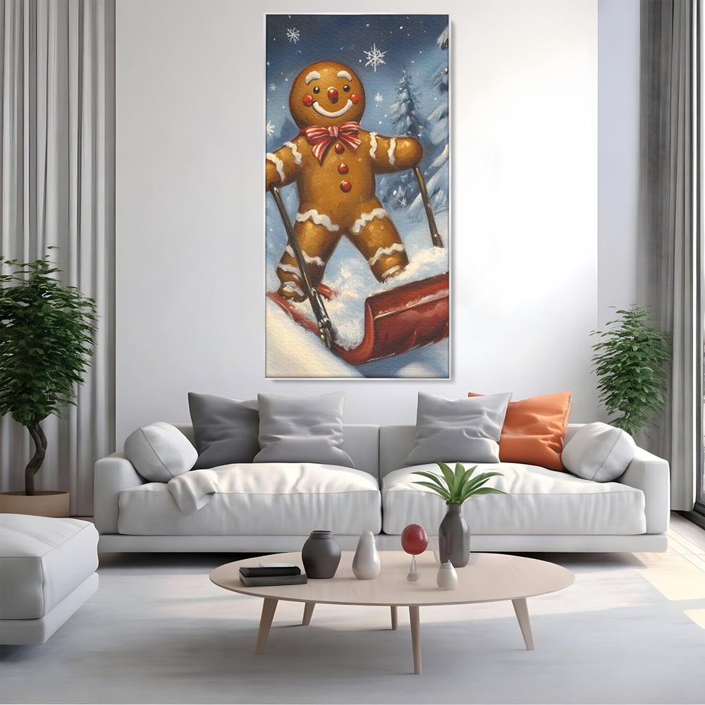 Tablou canvas cu ilustratie omulet turtita pe sanie, in rama de aluminiu argintiu, pe perete intr-un living