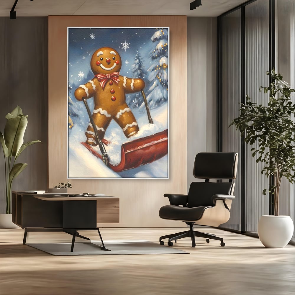 Tablou canvas cu ilustratie omulet turtita pe sanie, in rama de aluminiu argintiu, pe perete intr-un birou
