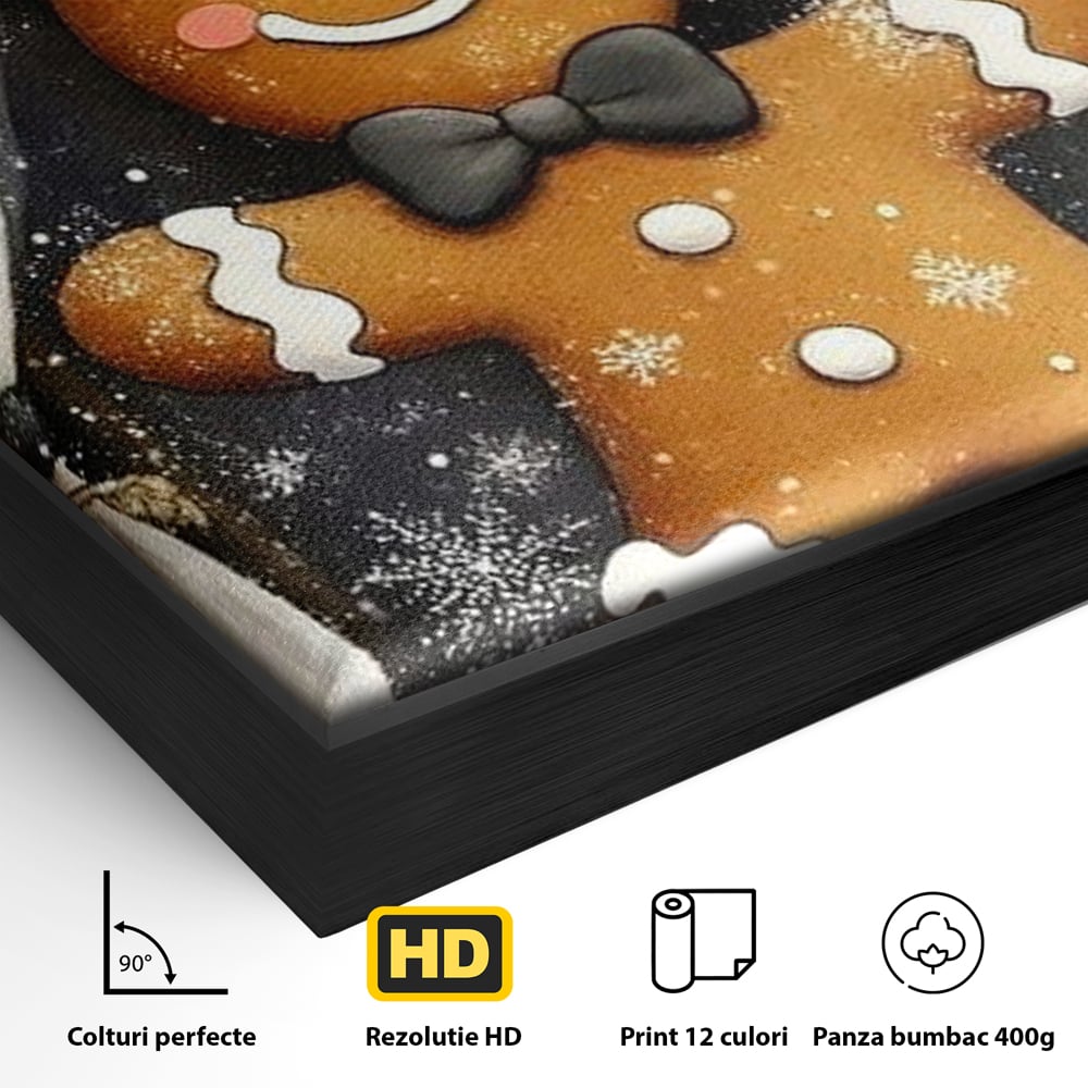 Detaliu al suprafetei: tablou canvas cu omulet din turta dulce, in rama de aluminiu negru