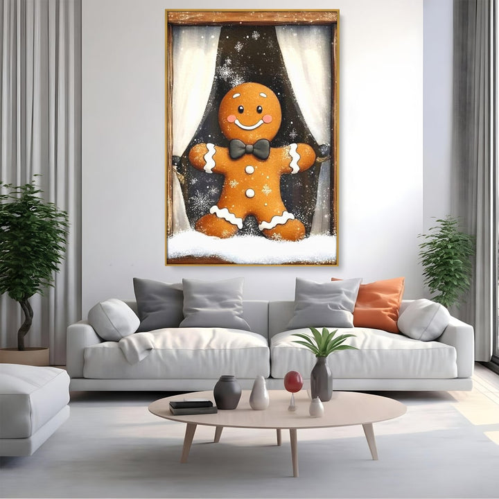 Tablou canvas cu tablou canvas cu omulet din turta dulce, in rama de aluminiu auriu, pe perete intr-un living