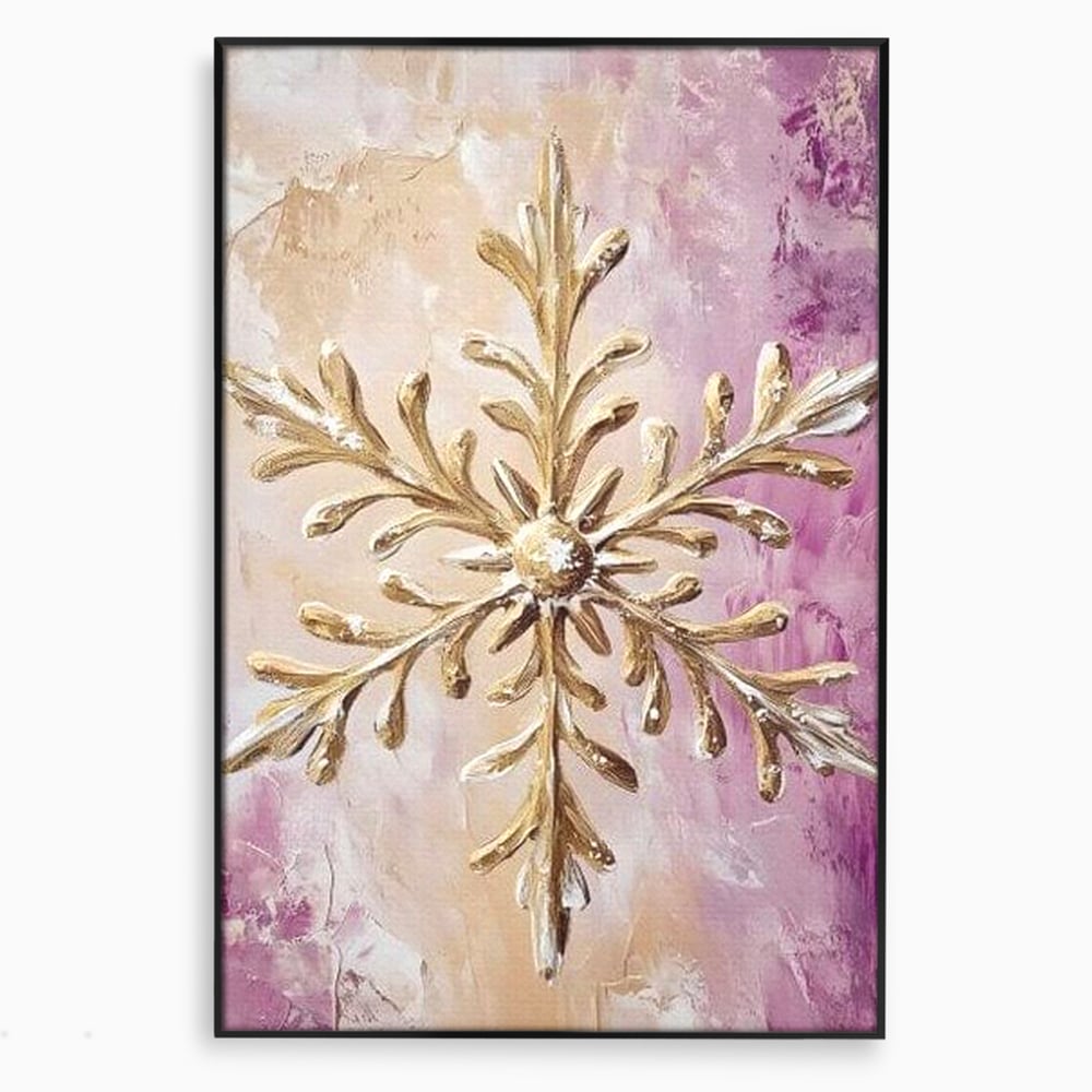 Tablou canvas cu tablou cu fulg de nea auriu in relief, in rama de aluminiu negru