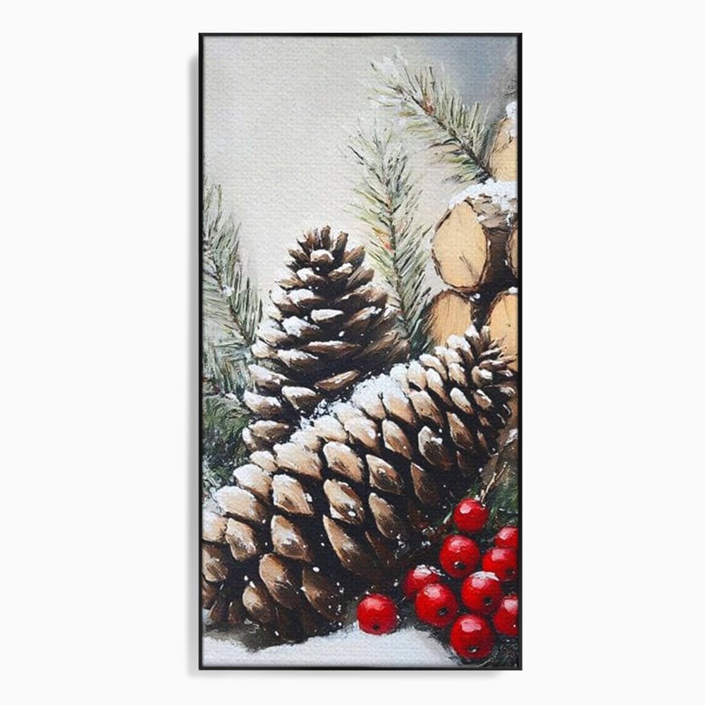 Tablou canvas cu pictura cu conuri de brad si bobite rosii, in rama de aluminiu negru
