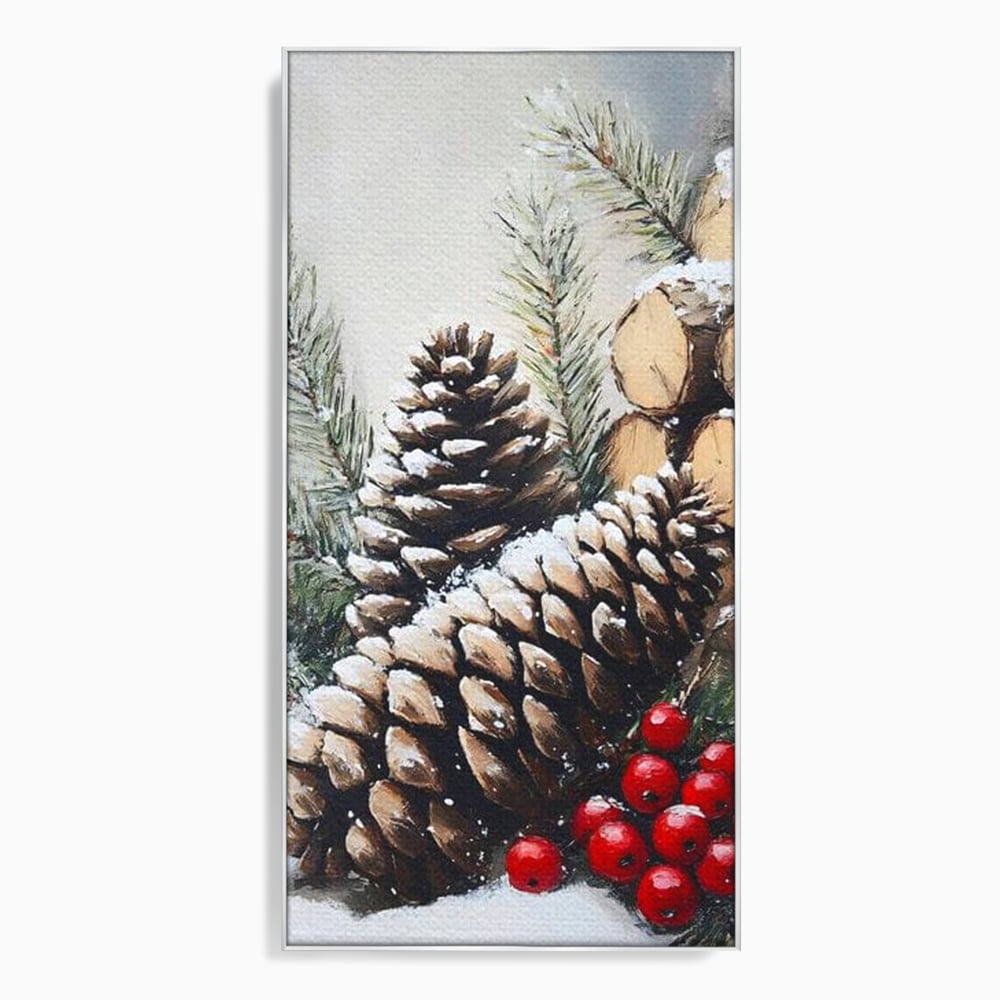 Tablou canvas cu pictura cu conuri de brad si bobite rosii, in rama de aluminiu argintiu