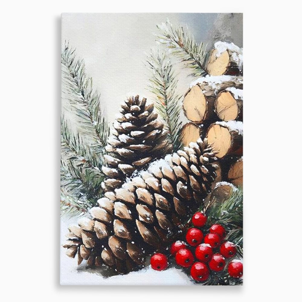 Tablou canvas cu pictura cu conuri de brad si bobite rosii, fara rama, pe sasiu de lemn