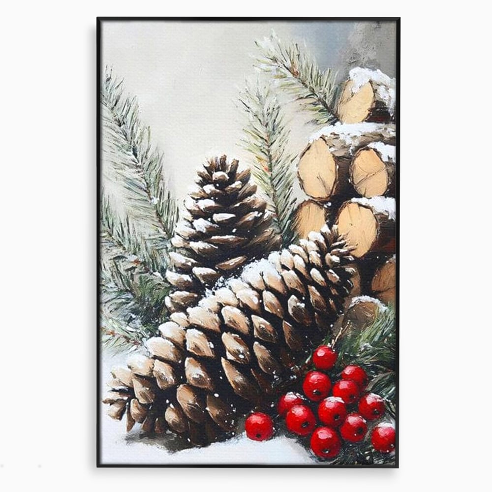 Tablou canvas cu pictura cu conuri de brad si bobite rosii, in rama de aluminiu negru
