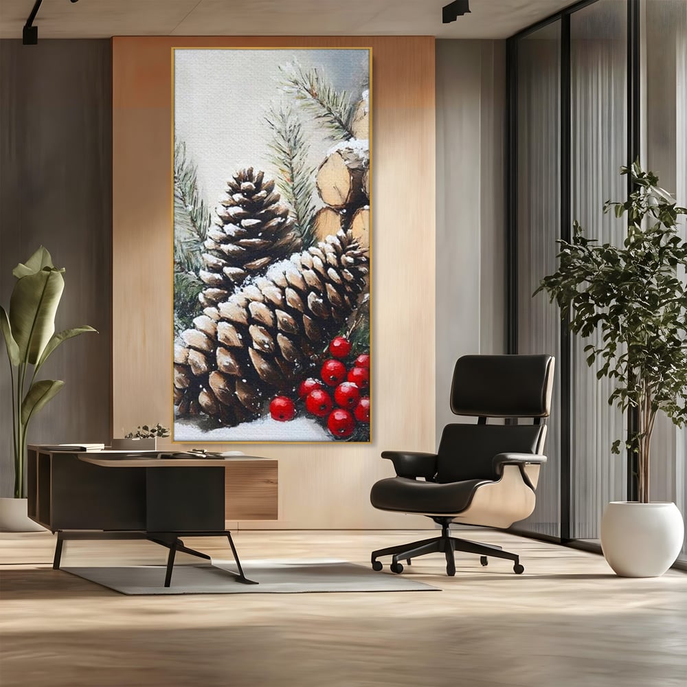 Tablou canvas cu pictura cu conuri de brad si bobite rosii, in rama de aluminiu auriu, pe perete intr-un birou