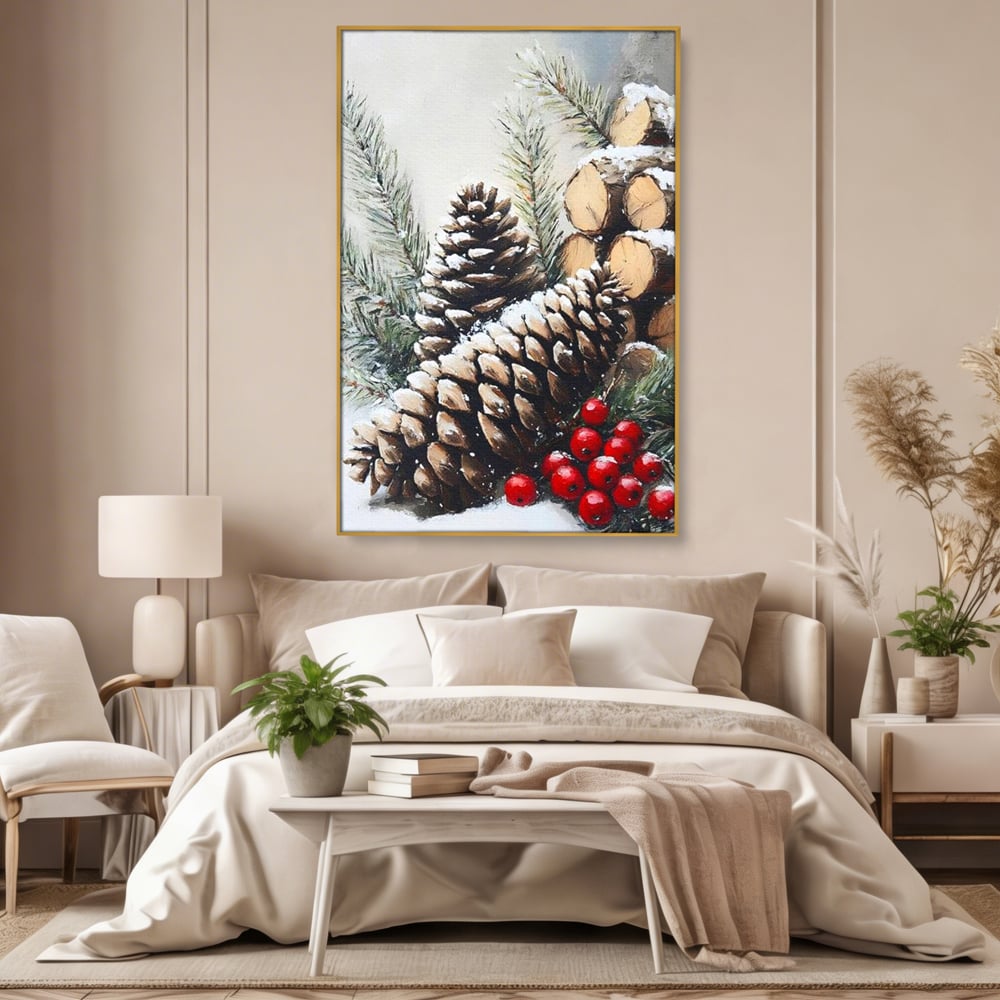Tablou canvas cu pictura cu conuri de brad si bobite rosii, in rama de aluminiu auriu, pe perete intr-un dormitor