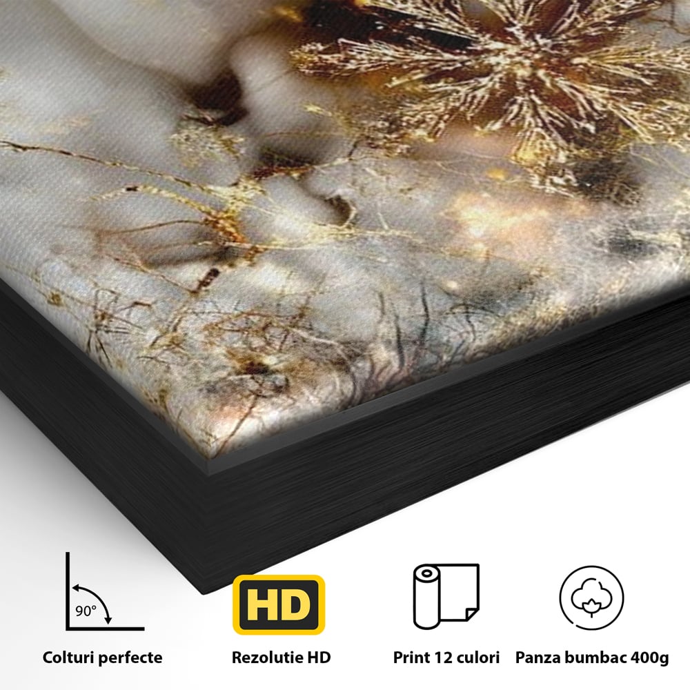 Detaliu al suprafetei: tablou canvas cu fulgi de zapada aurii, in rama de aluminiu negru