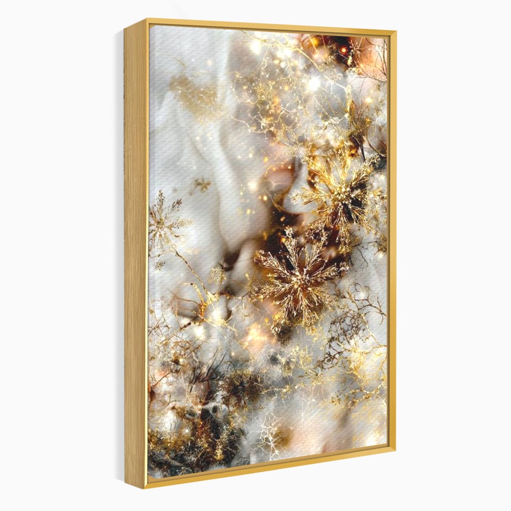 Tablou canvas cu tablou canvas cu fulgi de zapada aurii, in rama de aluminiu auriu