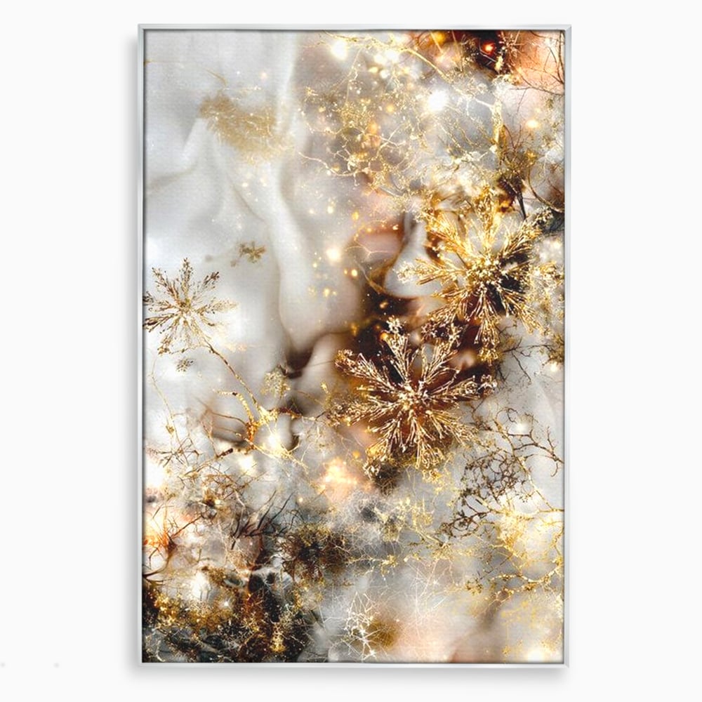 Tablou canvas cu tablou canvas cu fulgi de zapada aurii, in rama de aluminiu argintiu