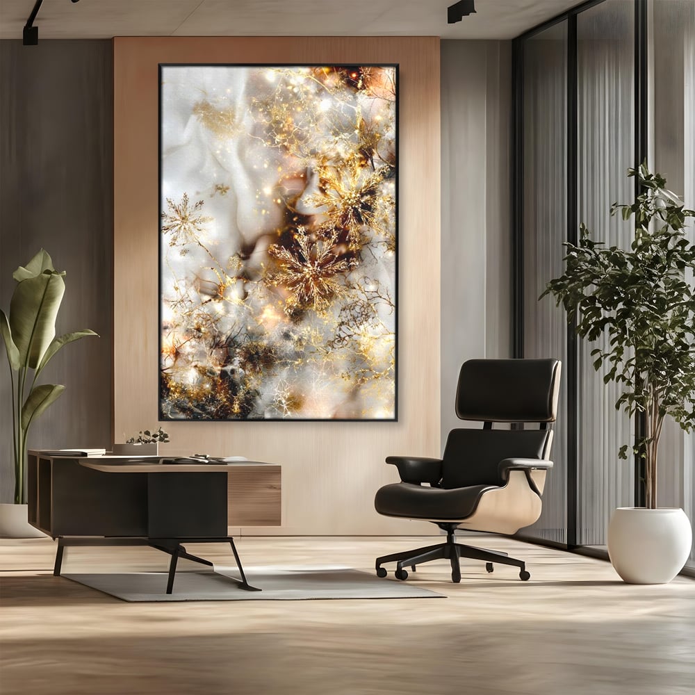 Tablou canvas cu tablou canvas cu fulgi de zapada aurii, in rama de aluminiu negru, pe perete intr-un birou