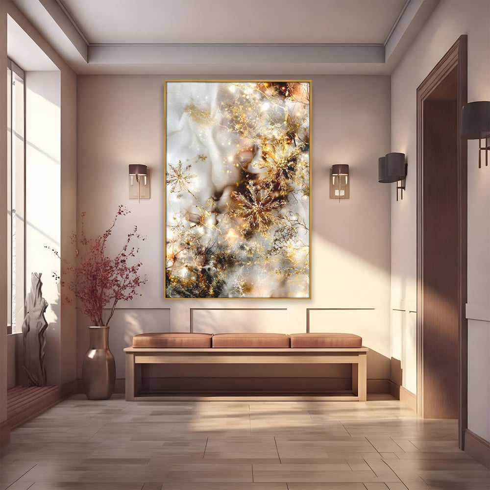 Tablou canvas cu tablou canvas cu fulgi de zapada aurii, in rama de aluminiu auriu