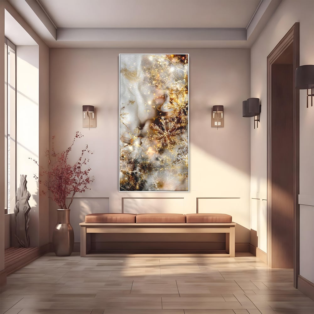 Tablou canvas cu tablou canvas cu fulgi de zapada aurii, in rama de aluminiu argintiu