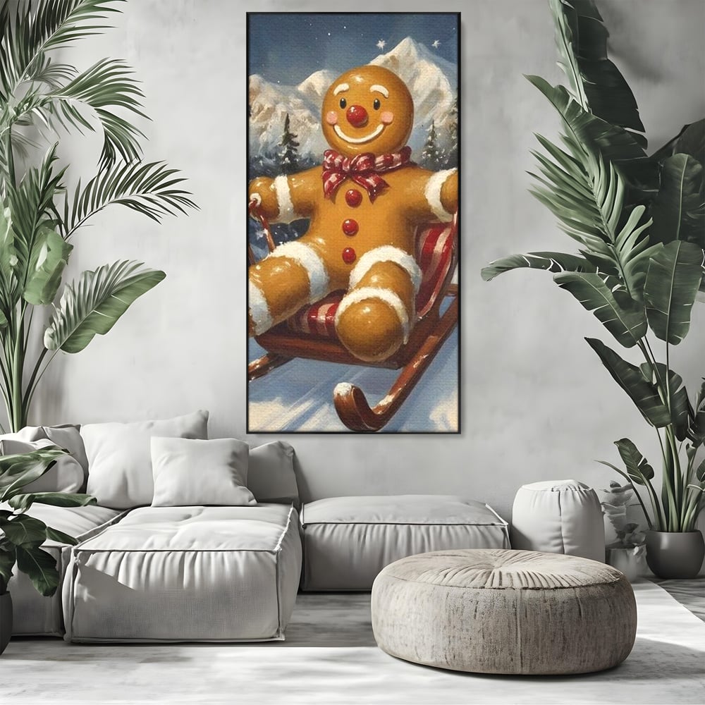 Tablou canvas cu tablou canvas omulet de turtita pe sanie, in rama de aluminiu negru, pe perete intr-un living