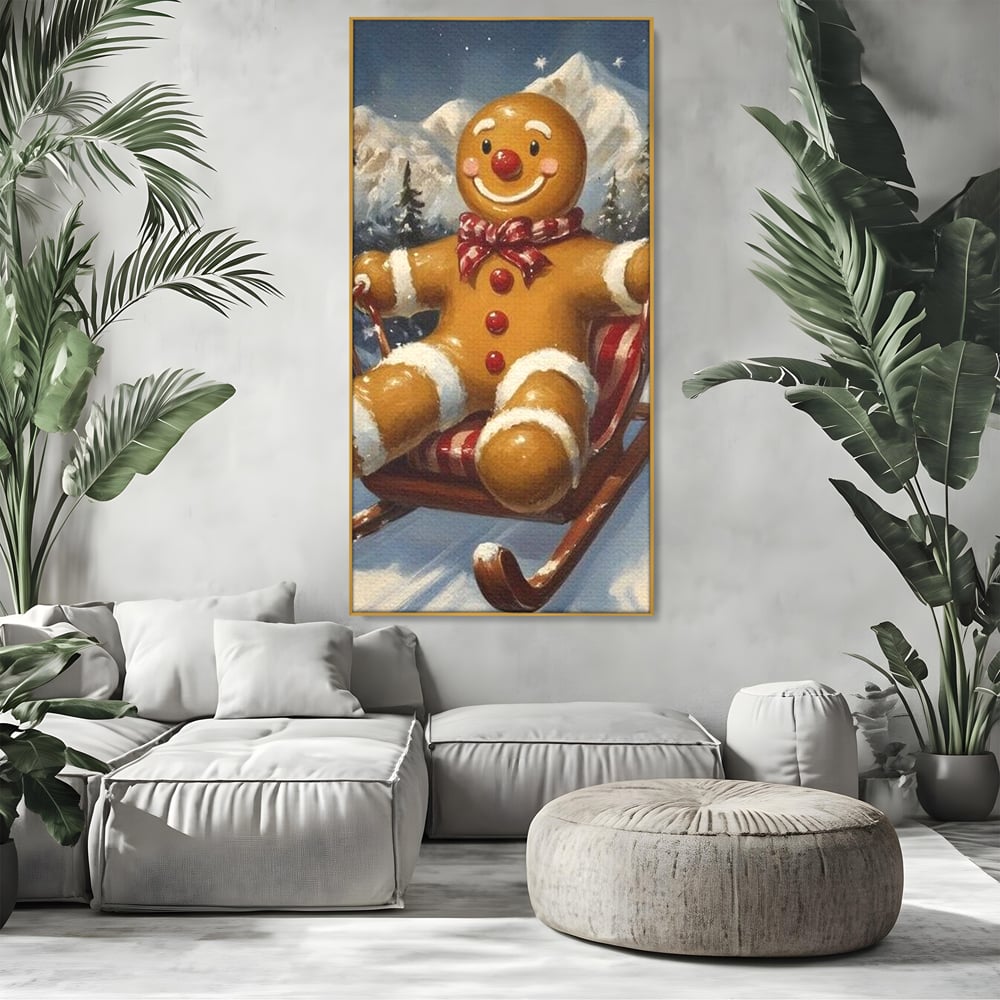 Tablou canvas cu tablou canvas omulet de turtita pe sanie, in rama de aluminiu auriu, pe perete intr-un living