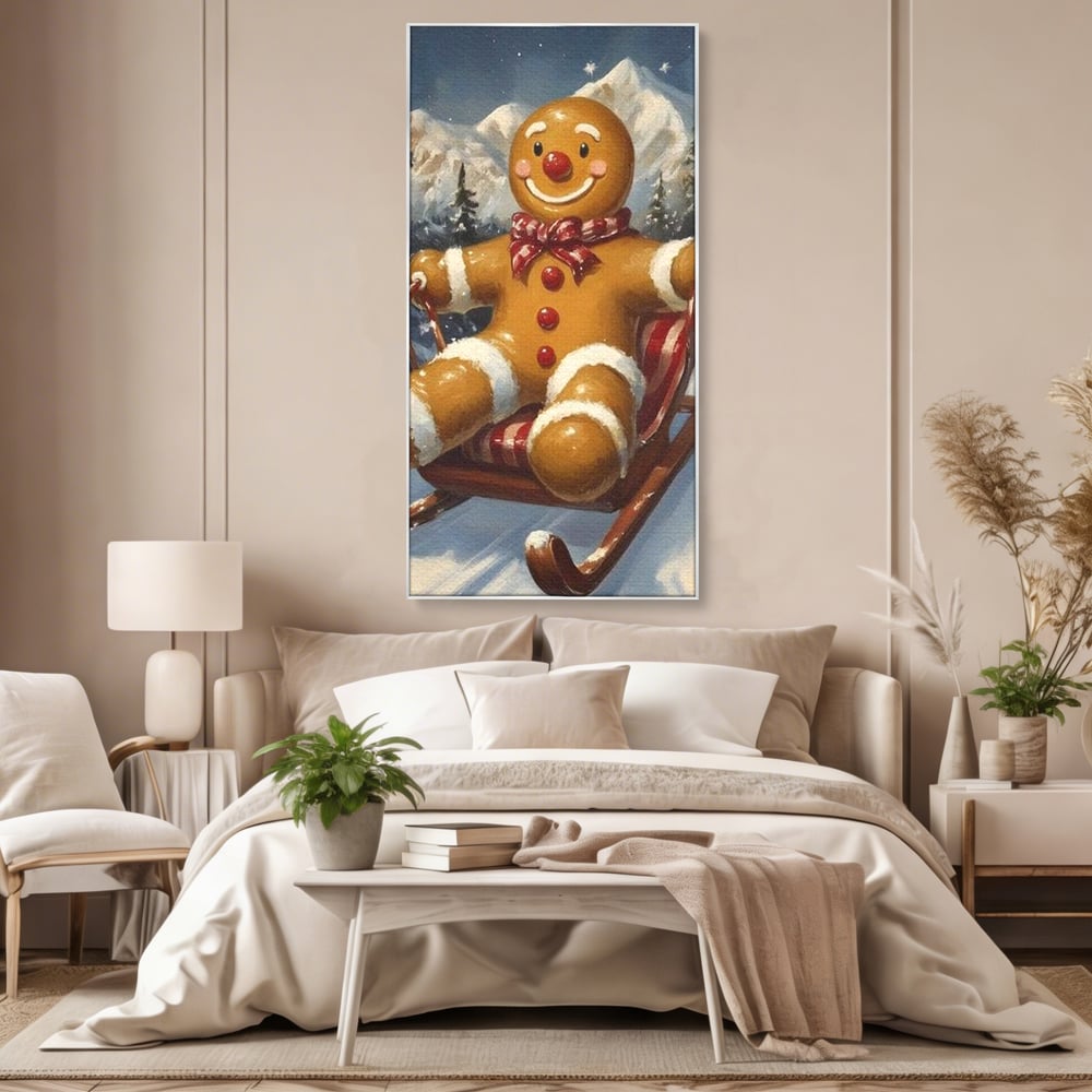 Tablou canvas cu tablou canvas omulet de turtita pe sanie, in rama de aluminiu argintiu, pe perete intr-un dormitor