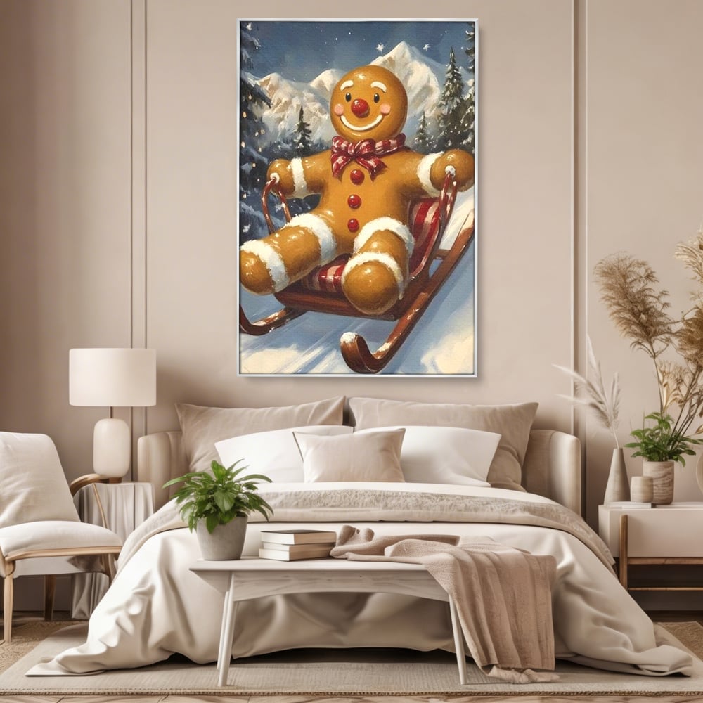 Tablou canvas cu tablou canvas omulet de turtita pe sanie, in rama de aluminiu argintiu, pe perete intr-un dormitor