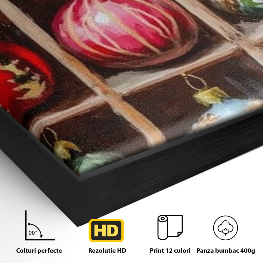 Detaliu al suprafetei: tablou canvas cu globuri de craciun pictate in cutie, in rama de aluminiu negru