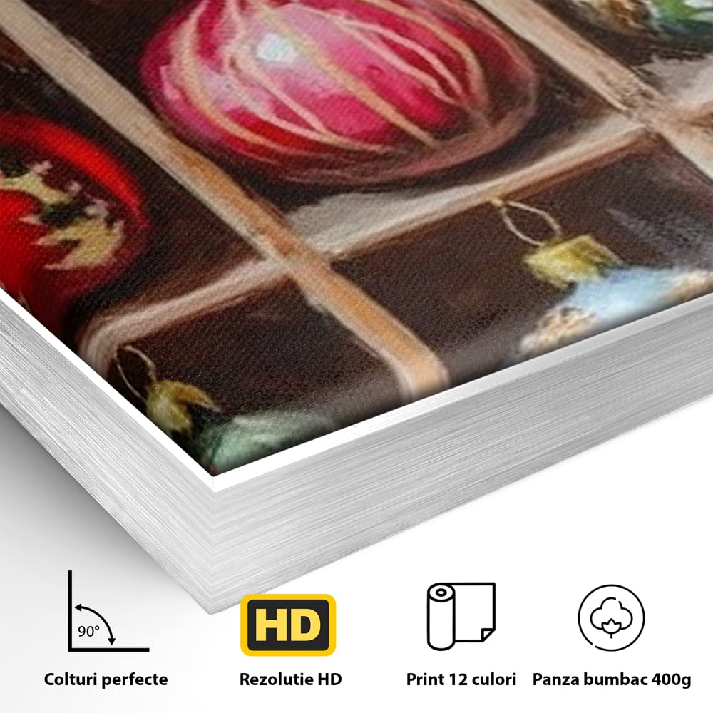 Detaliu al suprafetei: tablou canvas cu globuri de craciun pictate in cutie, in rama de aluminiu argintiu