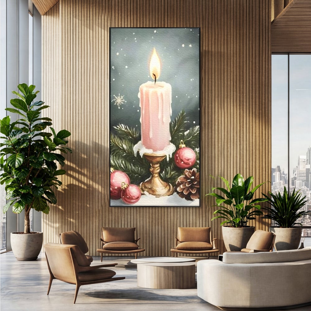 Tablou canvas cu tablou canvas cu lumanare roz si globuri, in rama de aluminiu negru, pe perete intr-un birou
