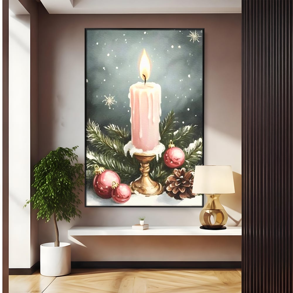 Tablou canvas cu tablou canvas cu lumanare roz si globuri, in rama de aluminiu negru
