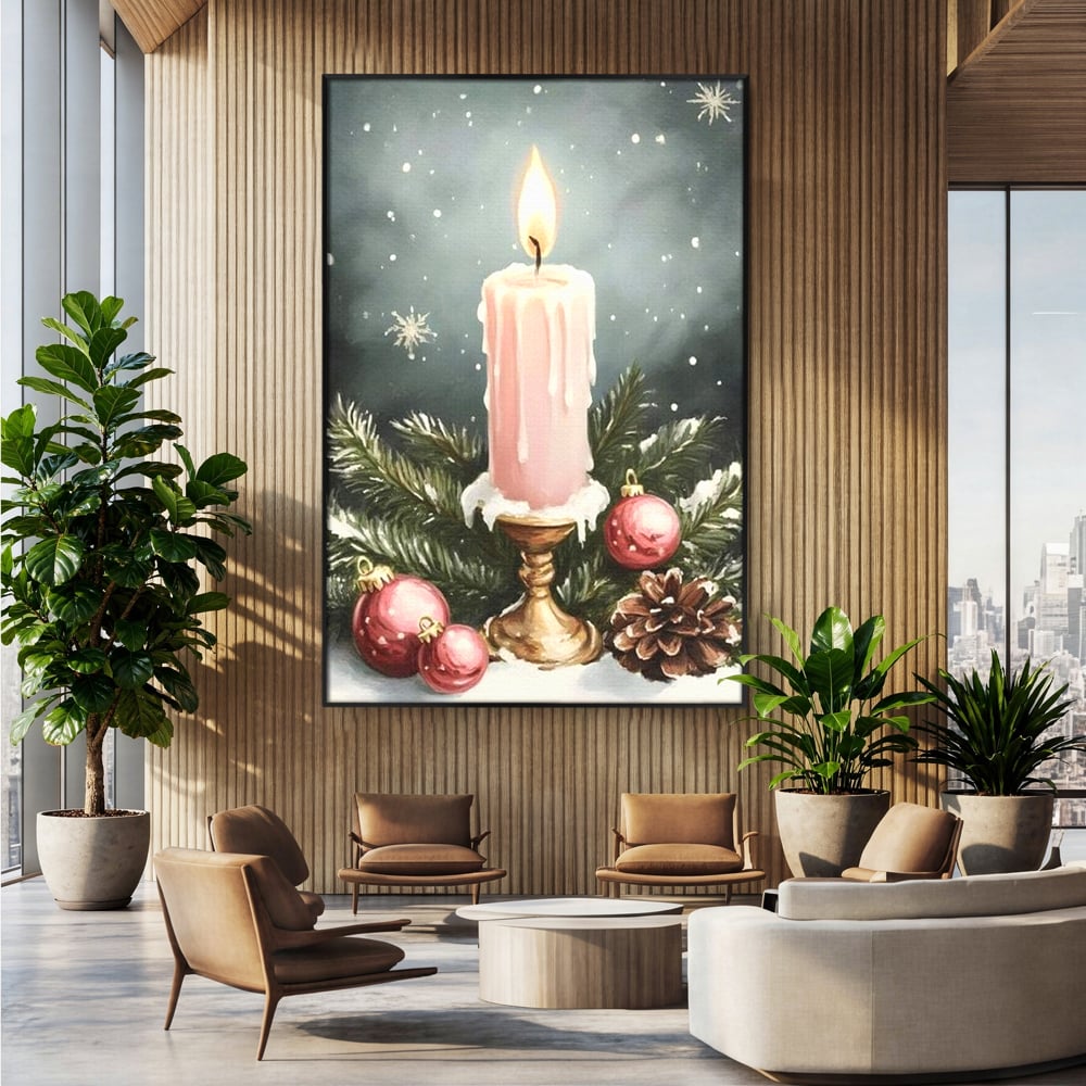 Tablou canvas cu tablou canvas cu lumanare roz si globuri, in rama de aluminiu negru, pe perete intr-un birou