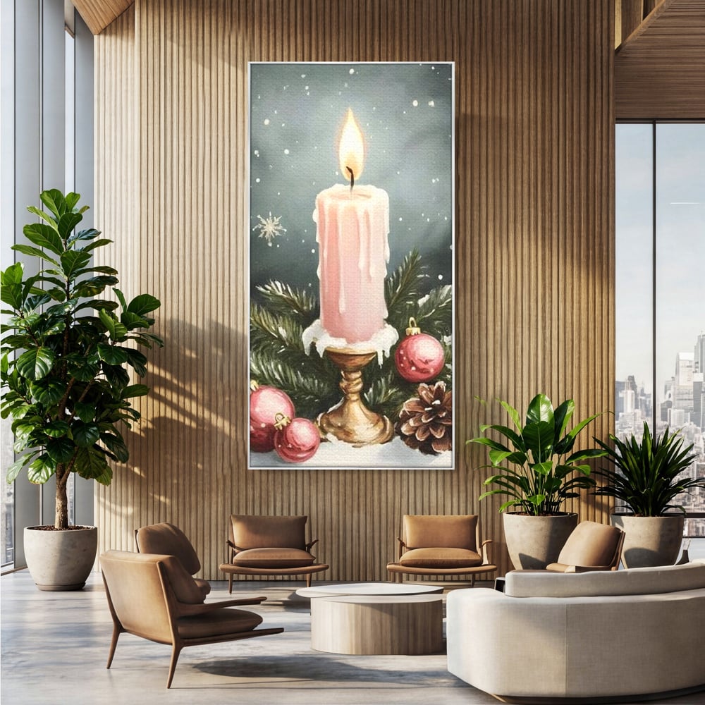 Tablou canvas cu tablou canvas cu lumanare roz si globuri, in rama de aluminiu argintiu, pe perete intr-un birou