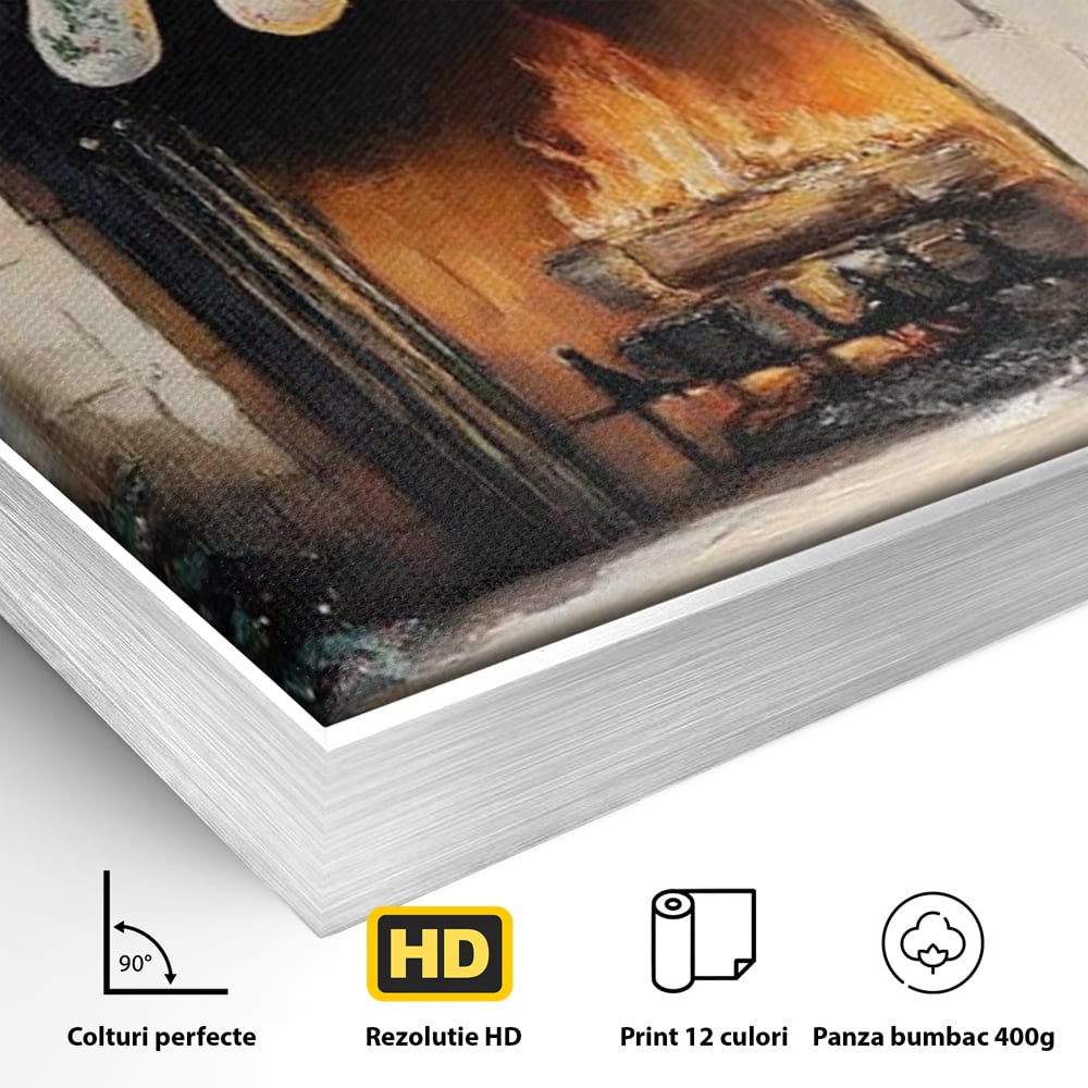 Detaliu al suprafetei: tablou canvas cu semineu si ciorapi de craciun, in rama de aluminiu argintiu