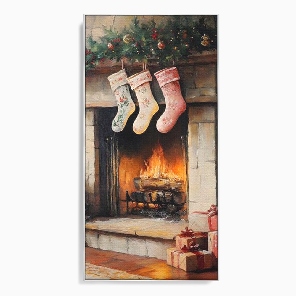 Tablou canvas cu tablou canvas cu semineu si ciorapi de craciun, in rama de aluminiu argintiu