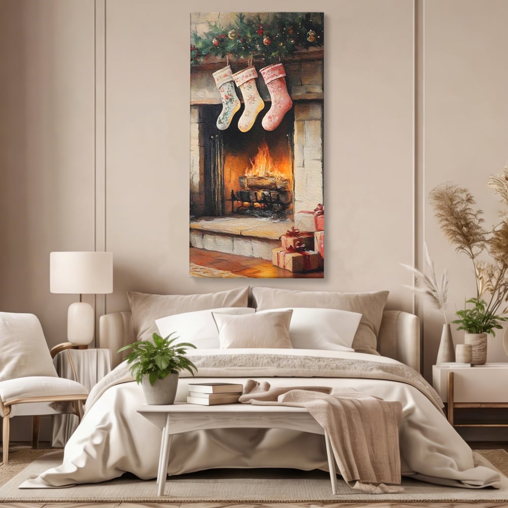 Tablou canvas cu tablou canvas cu semineu si ciorapi de craciun, fara rama, pe sasiu de lemn, pe perete intr-un dormitor