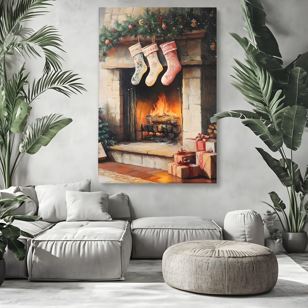 Tablou canvas cu tablou canvas cu semineu si ciorapi de craciun, fara rama, pe sasiu de lemn, pe perete intr-un living