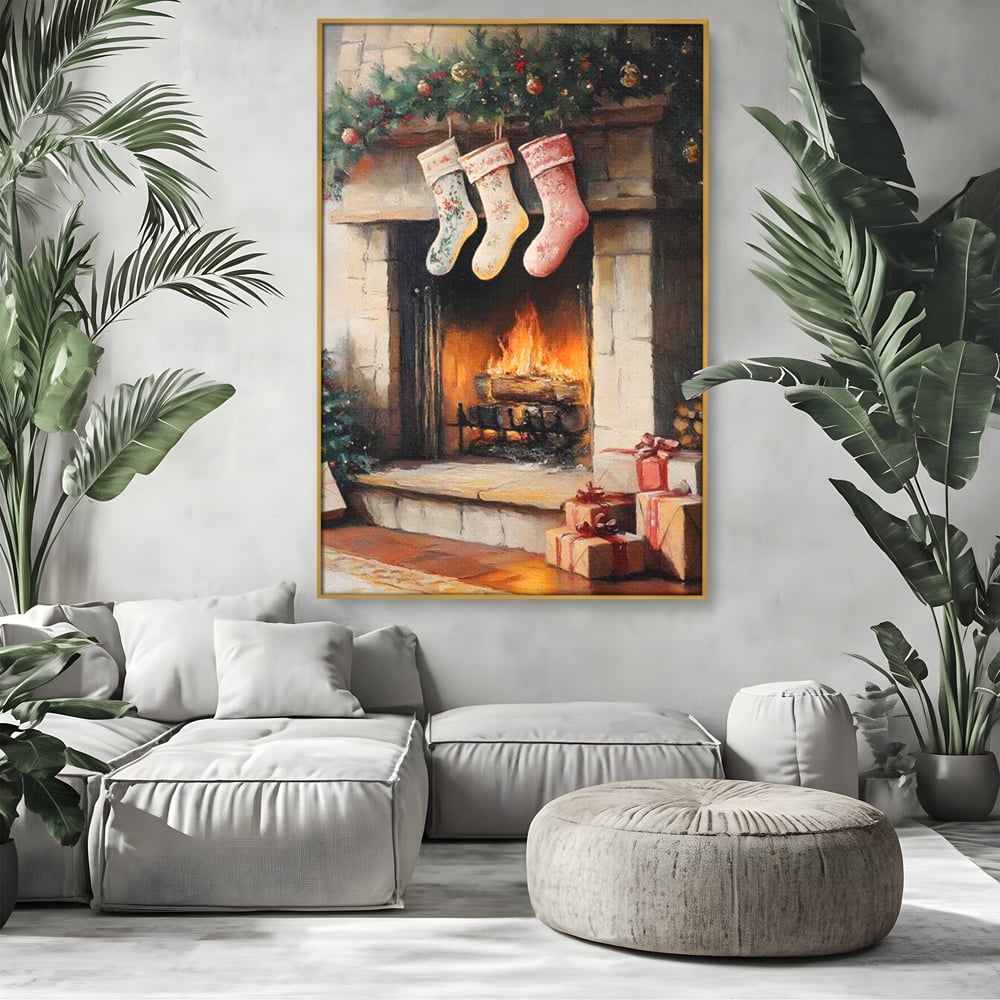 Tablou canvas cu tablou canvas cu semineu si ciorapi de craciun, in rama de aluminiu auriu, pe perete intr-un living