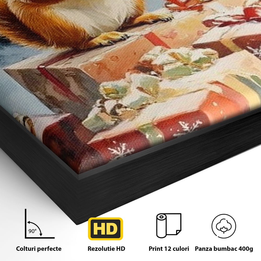 Detaliu al suprafetei: tablou canvas cu veverita si cadouri de iarna, in rama de aluminiu negru